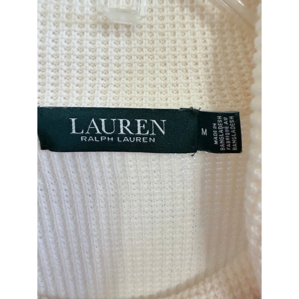 Lauren Ralph Lauren Cream Waffle Knit Cowl Neck Drawstring Cotton Sweater M Cozy